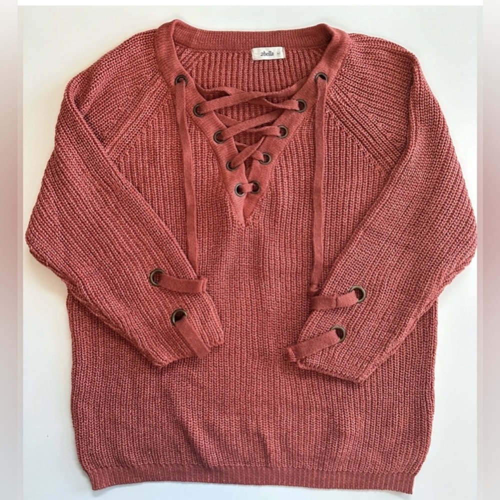 2Bella Oversized Rust/Burnt Orange Lace Up Knit Sweater